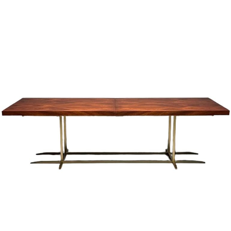 Contemporary, Modern Rectangular Dining Table, Burlwood Veneer, Gilt Metal