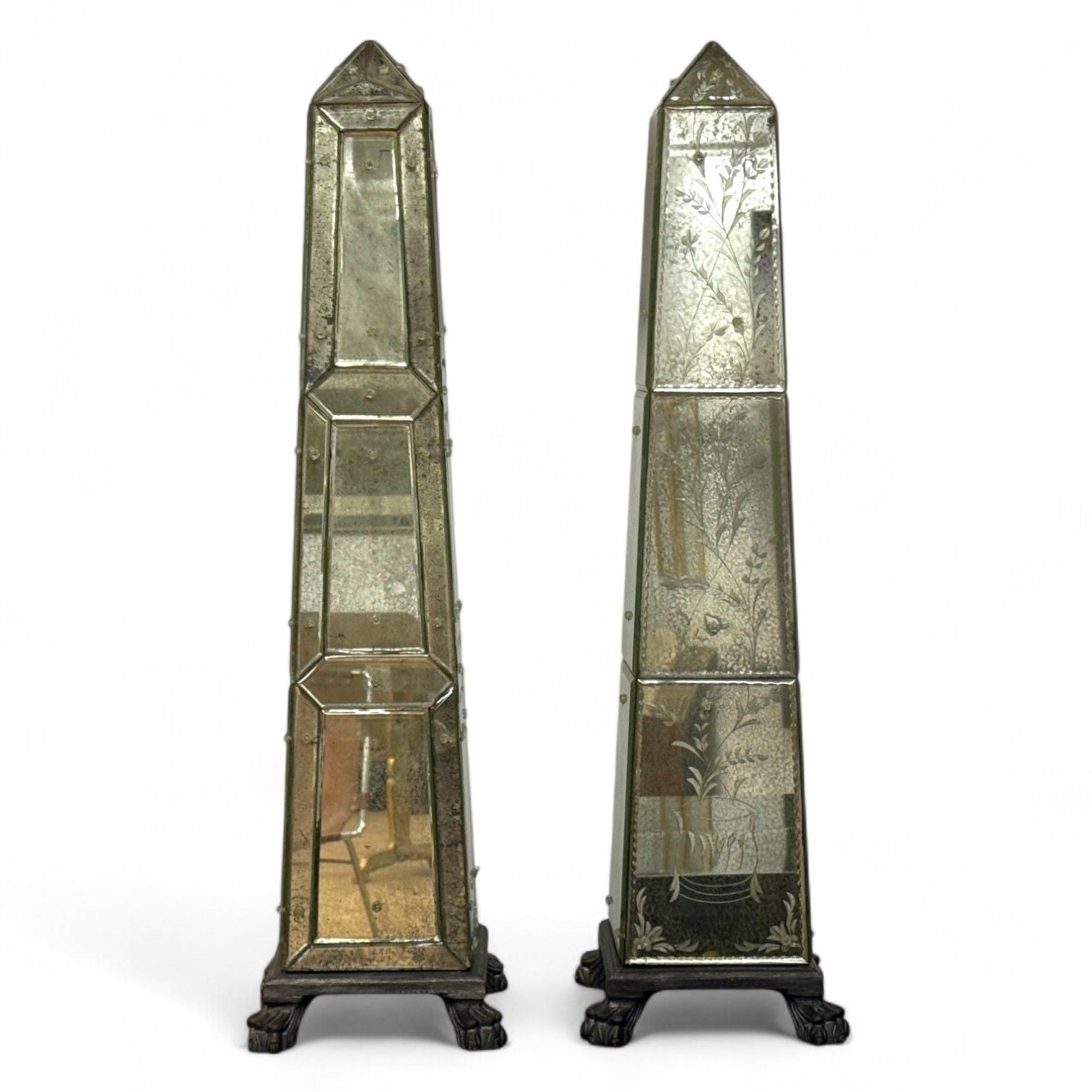 Venetian, Etched Glass Panels, Distressed Mirror, Obelisks, 20th C.