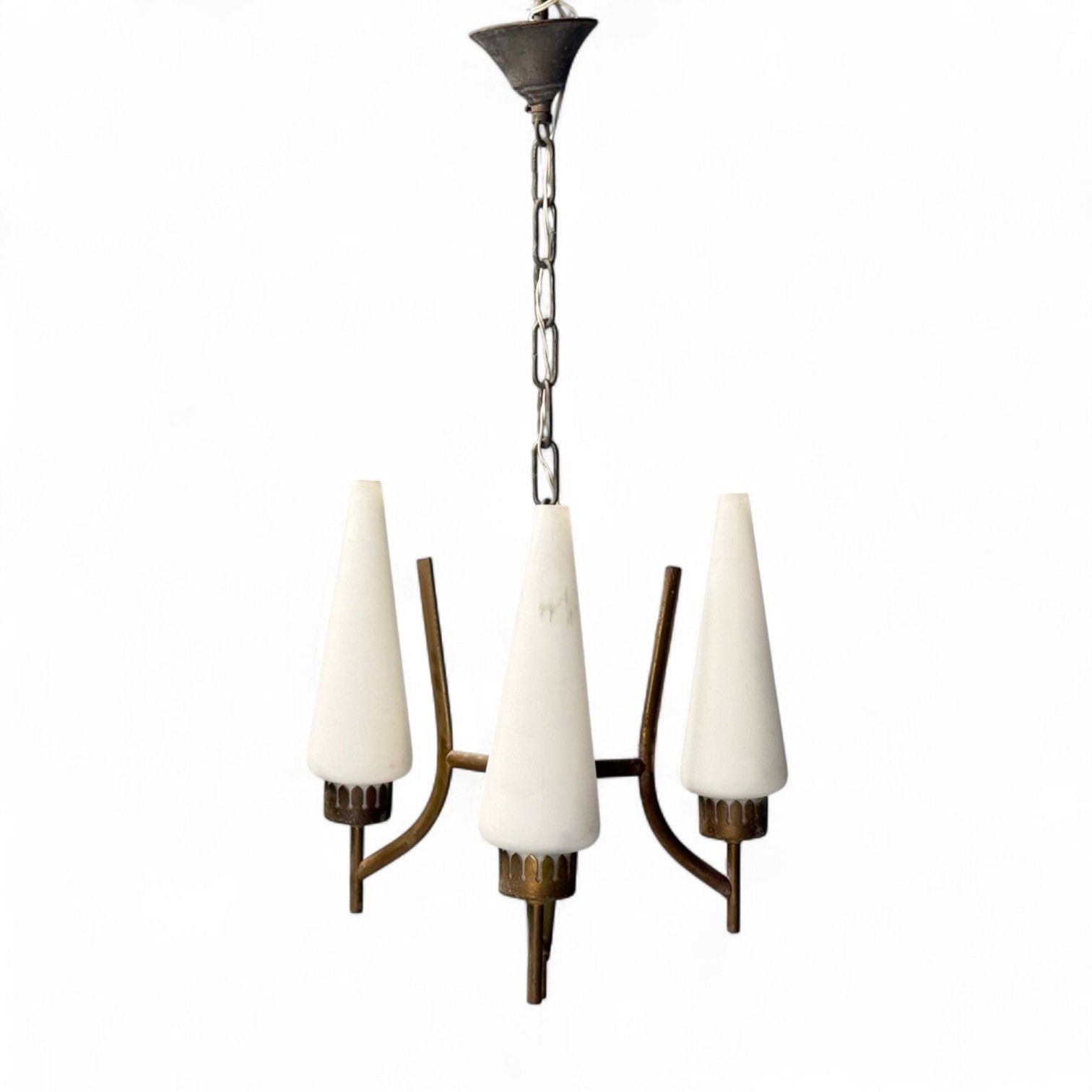 Angelo Lelli, Italian Modern, Brass, Opal Glass, Pendant light, Italy, 1950s