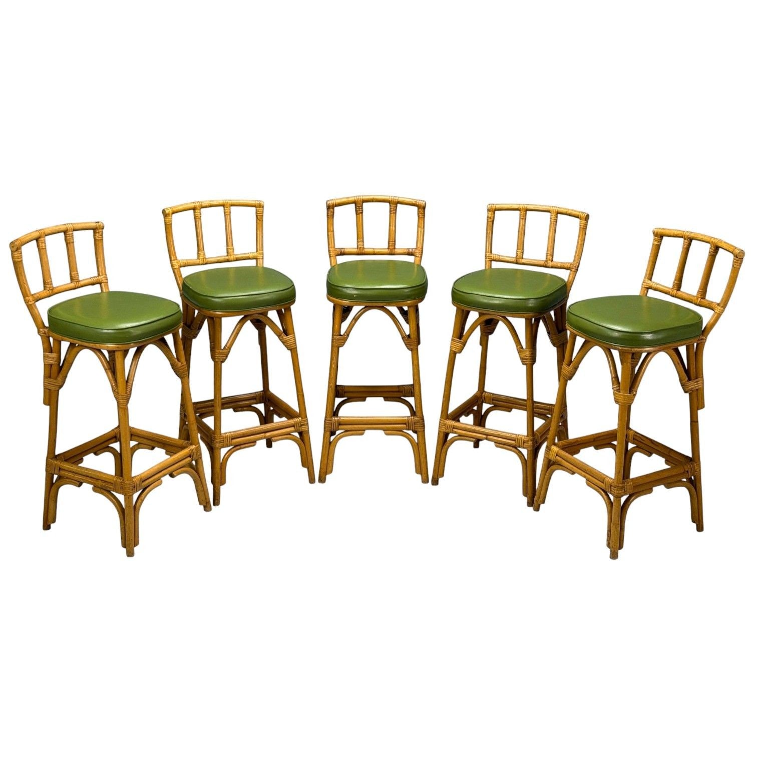 Dutch Modern, Bamboo, Green Leather, Five Barstools, Netherlands, 1970s
