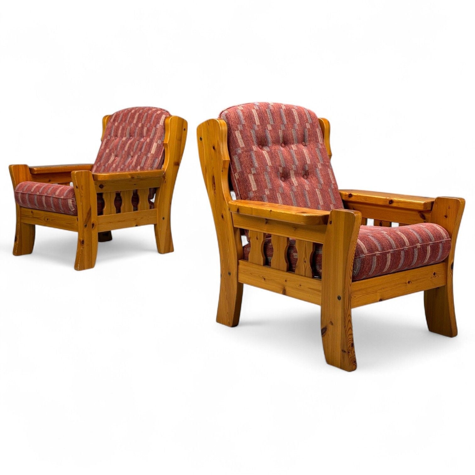 Swedish Modern, Pine, Red Fabric, Brutalist Lounge Chairs, Sweden, 1950s