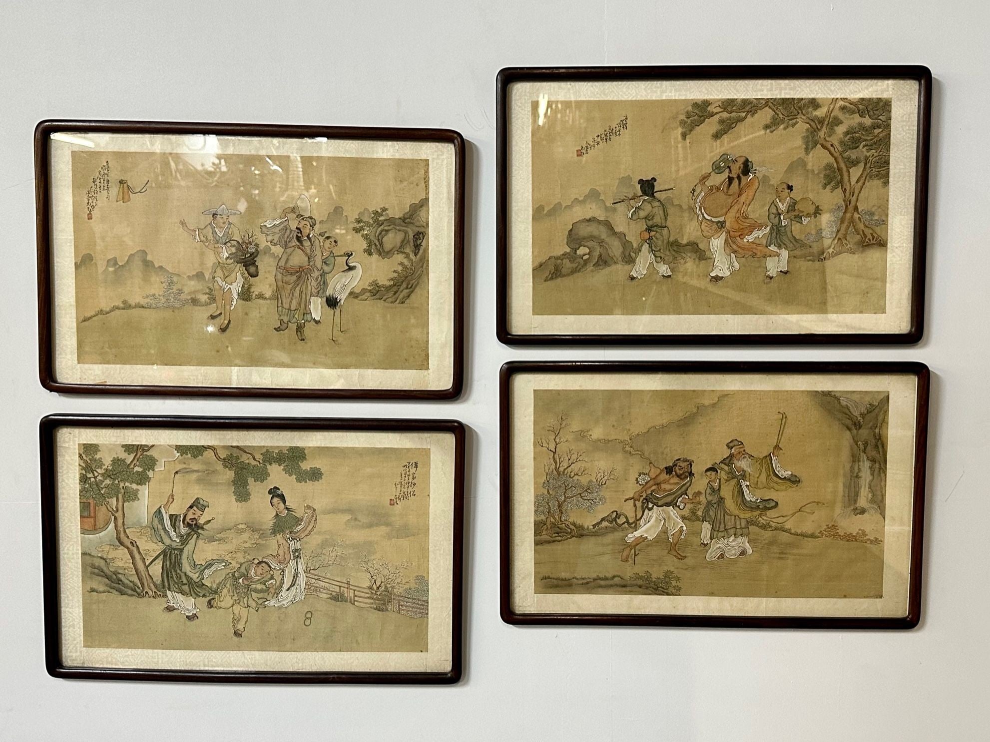 Set of Four Chinese Paintings in Rosewood Frames, Signed, 19th Century