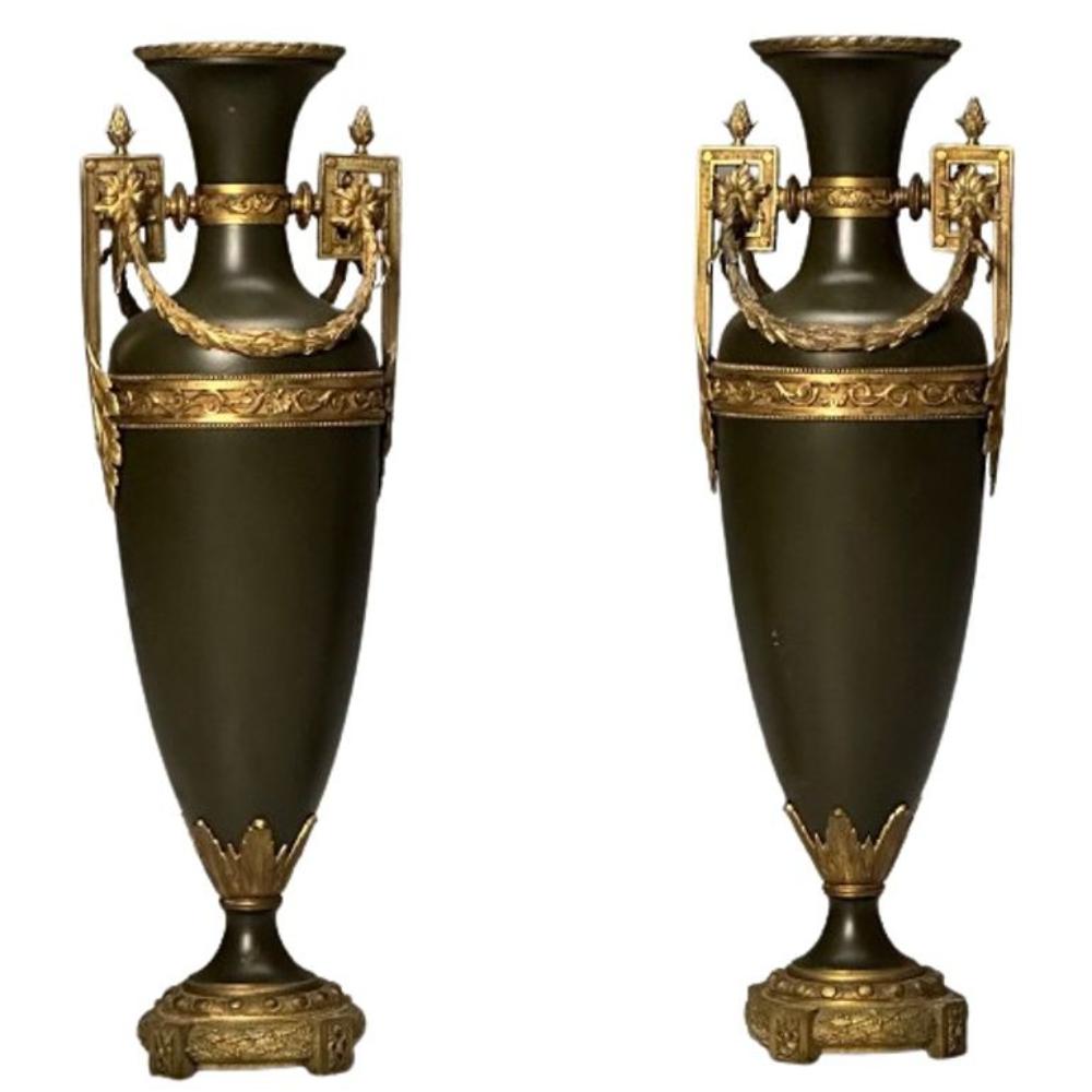 Neoclassical, Pair of Large Urns, Gilt Bronze, Green Painted Metal, 1970s