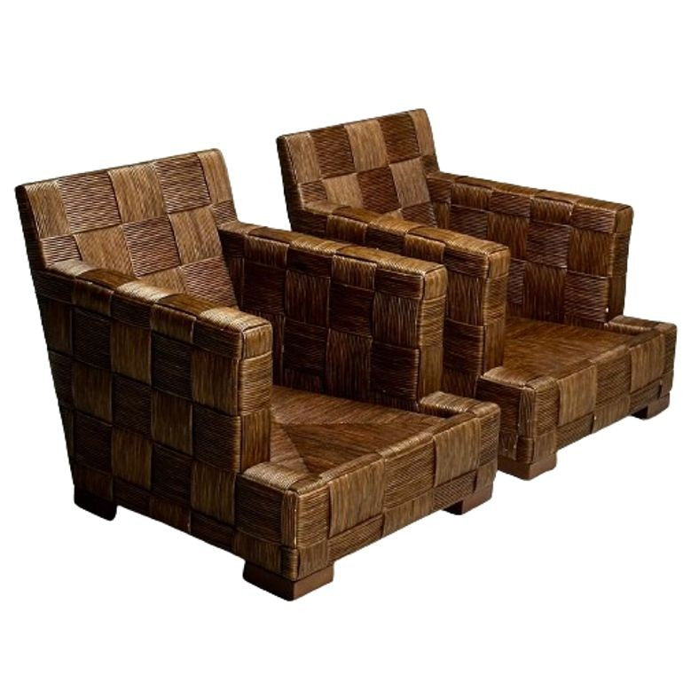 John Hutton, Woven Cane, Mahogany, Oversized Lounge Chairs, USA, 1990s