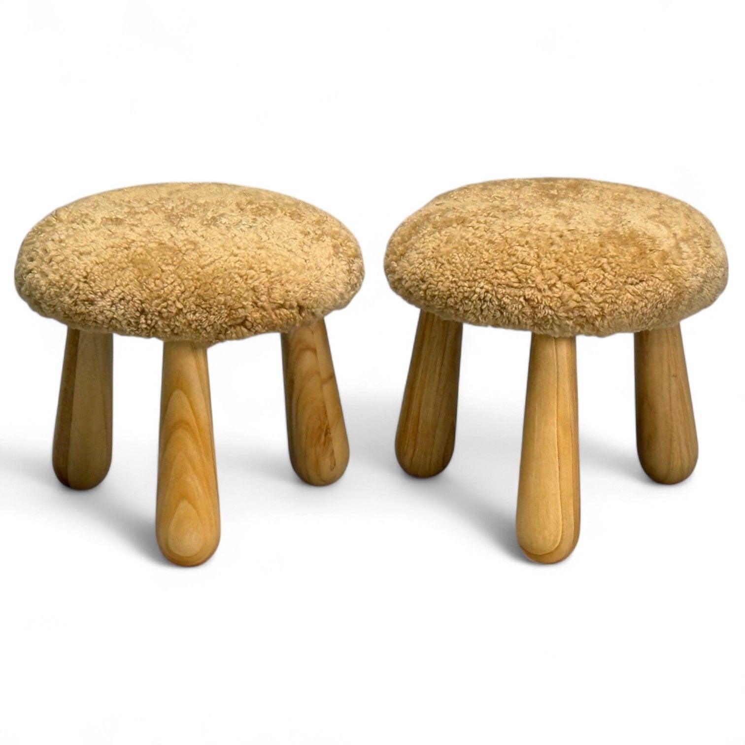 Danish Modern Style, Honey Sheepskin, Maple, Shearling Footstools, 21st C.