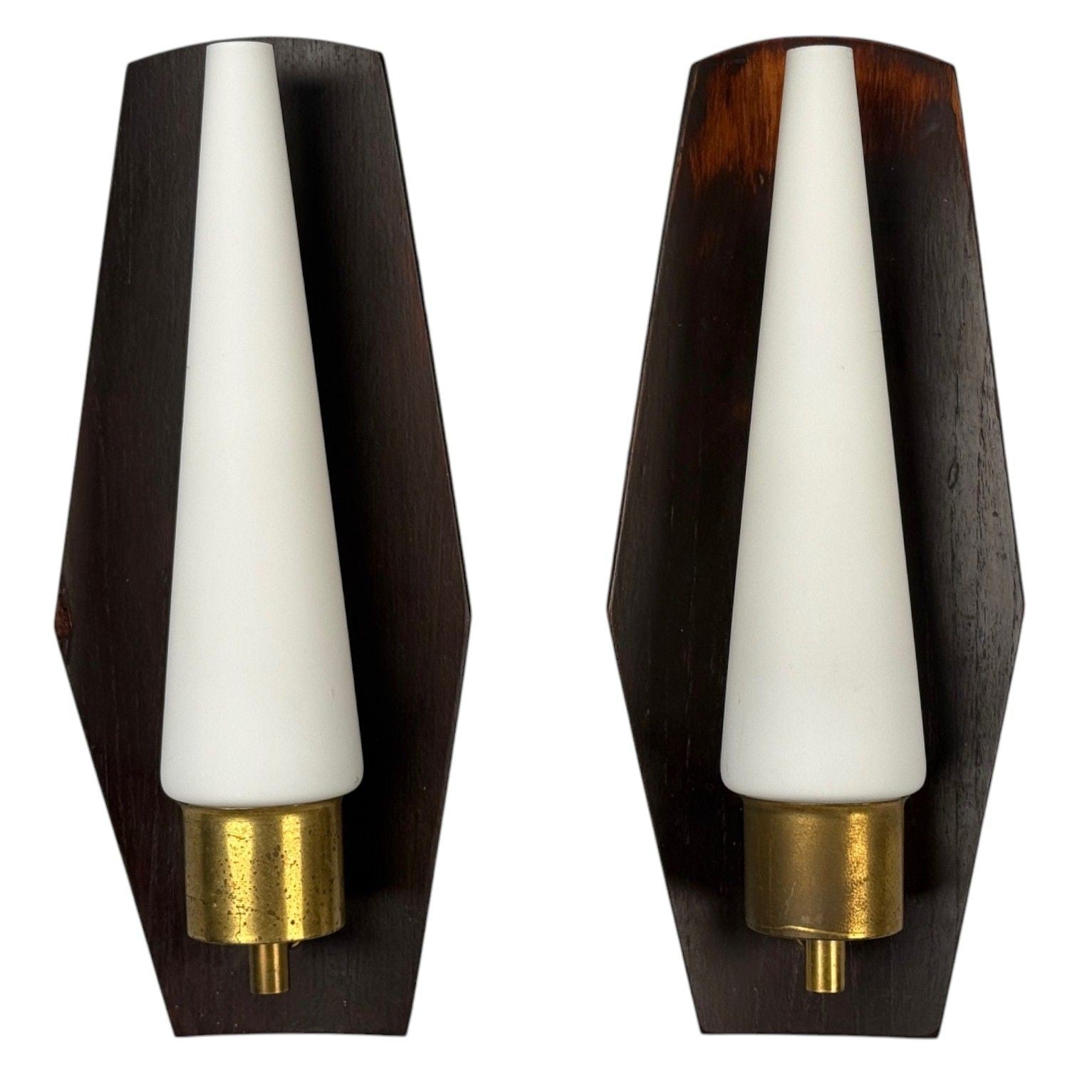 Danish Modern, Teak, Brass, Opaline Glass, Wall Lights, Denmark, 1960s