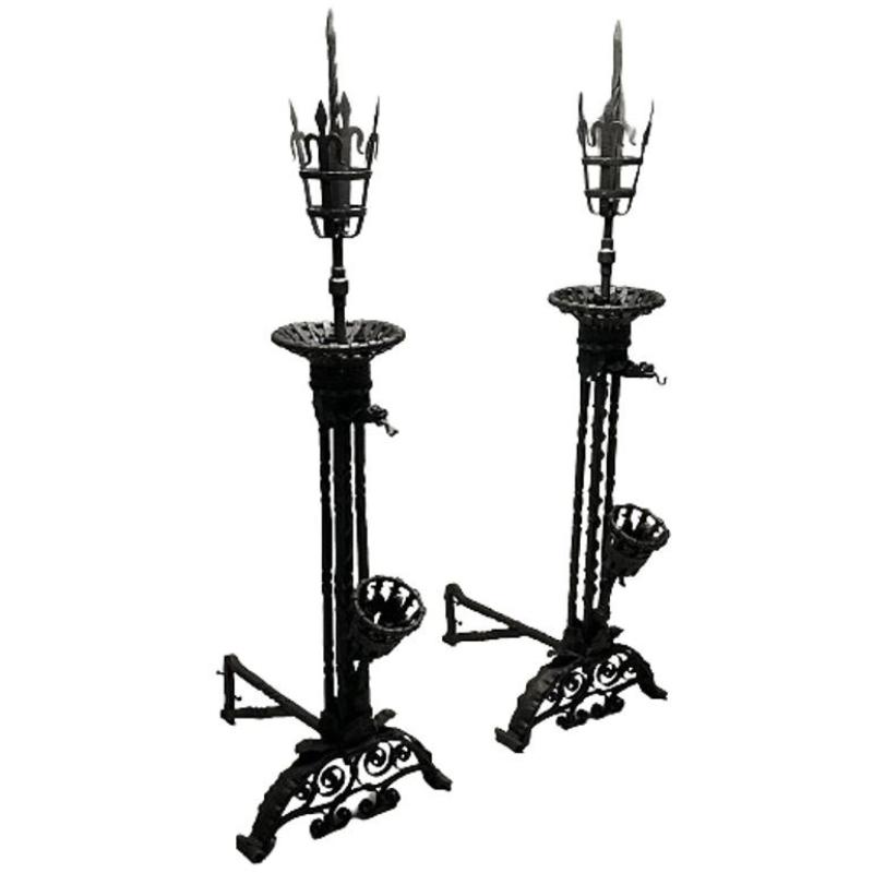 Pair Monumental Samuel Yellin Style Wrought Iron Andirons, Italian Renaissance