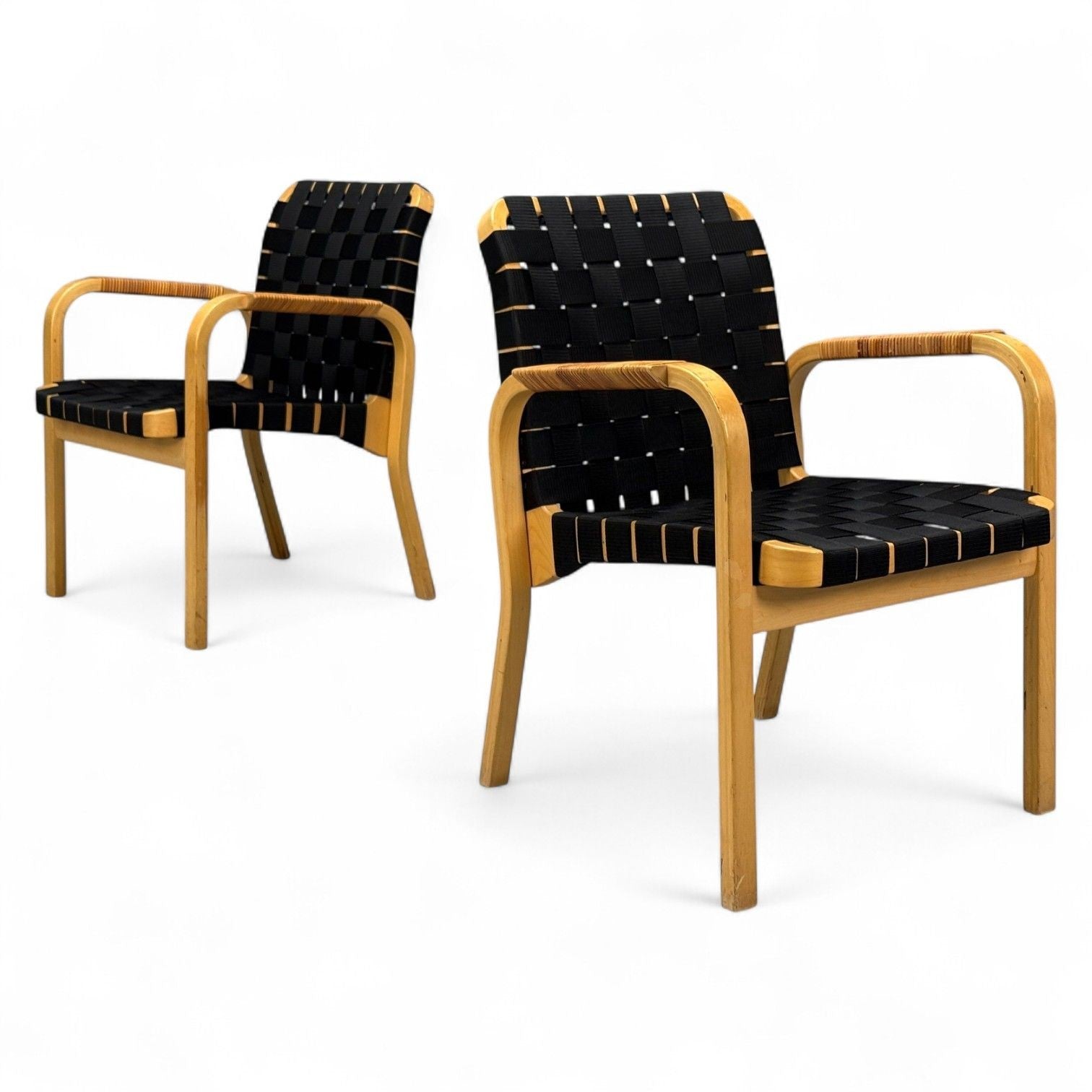 Alvar Aalto, Birch, Rattan, Black Linen Webbing, Armchairs, Finland, 1980s