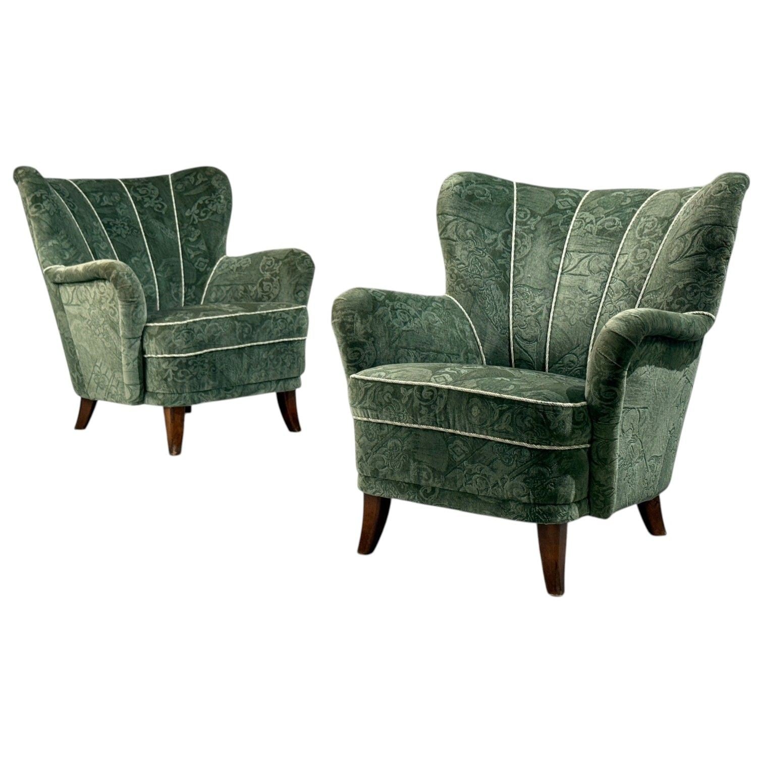 Ilmari Lappalainen, Lounge Chairs, Beech, Green Fabric, Finland, 1950s