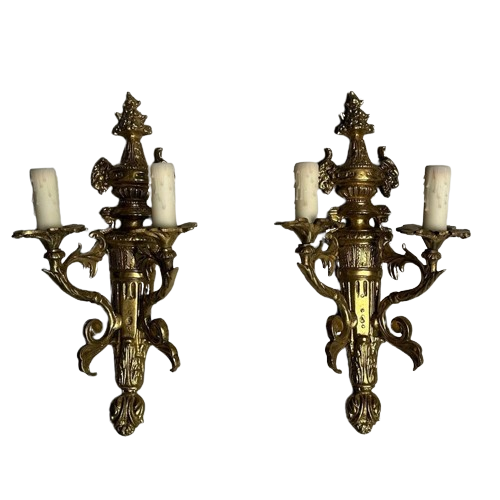 Pair of Louis XVI / Adams Style Bronze Ornate Sconces, Two Light, France, 1940s