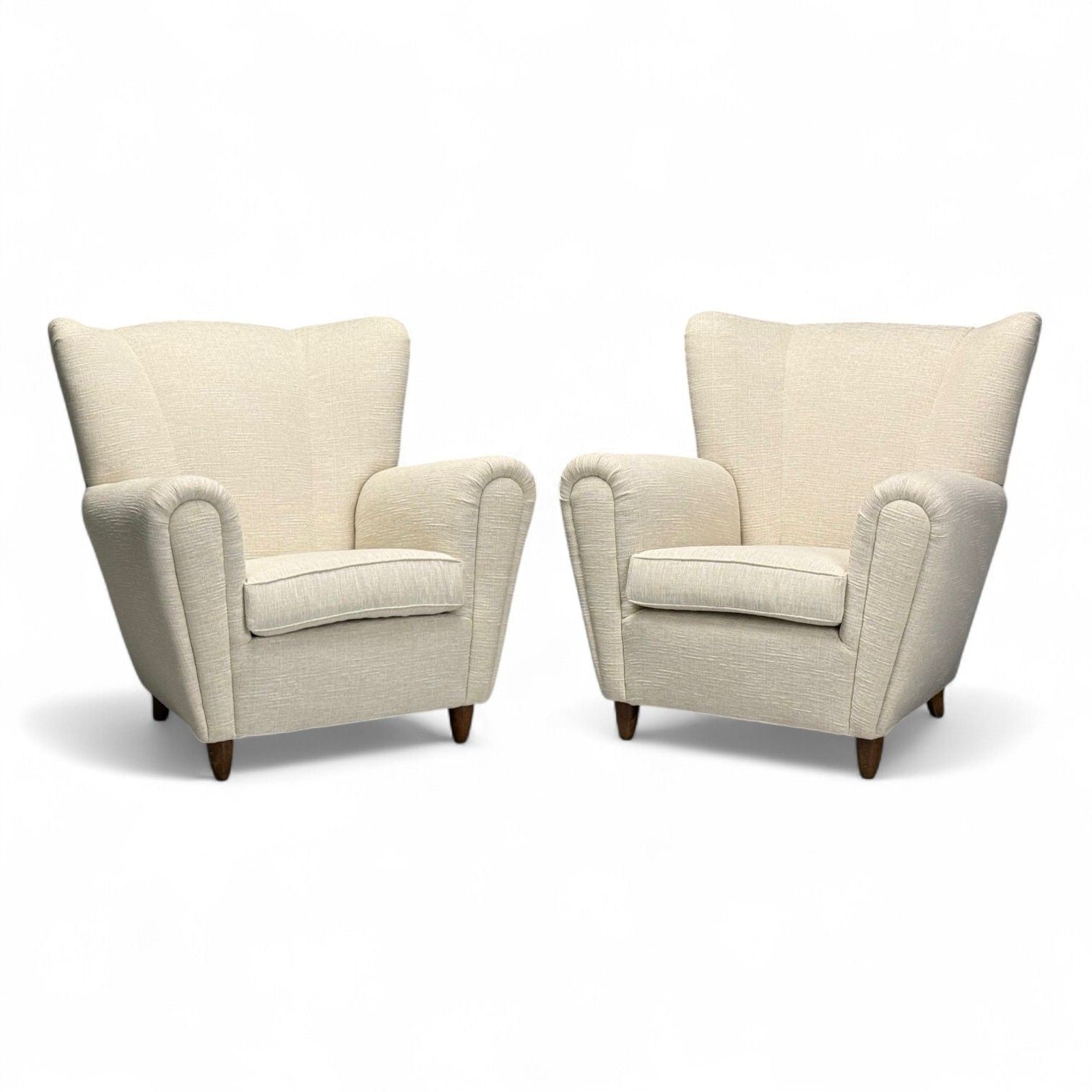 Italian Modern, Stained Wood, Beige Tweed Fabric, Club Chairs, Italy, 1940s