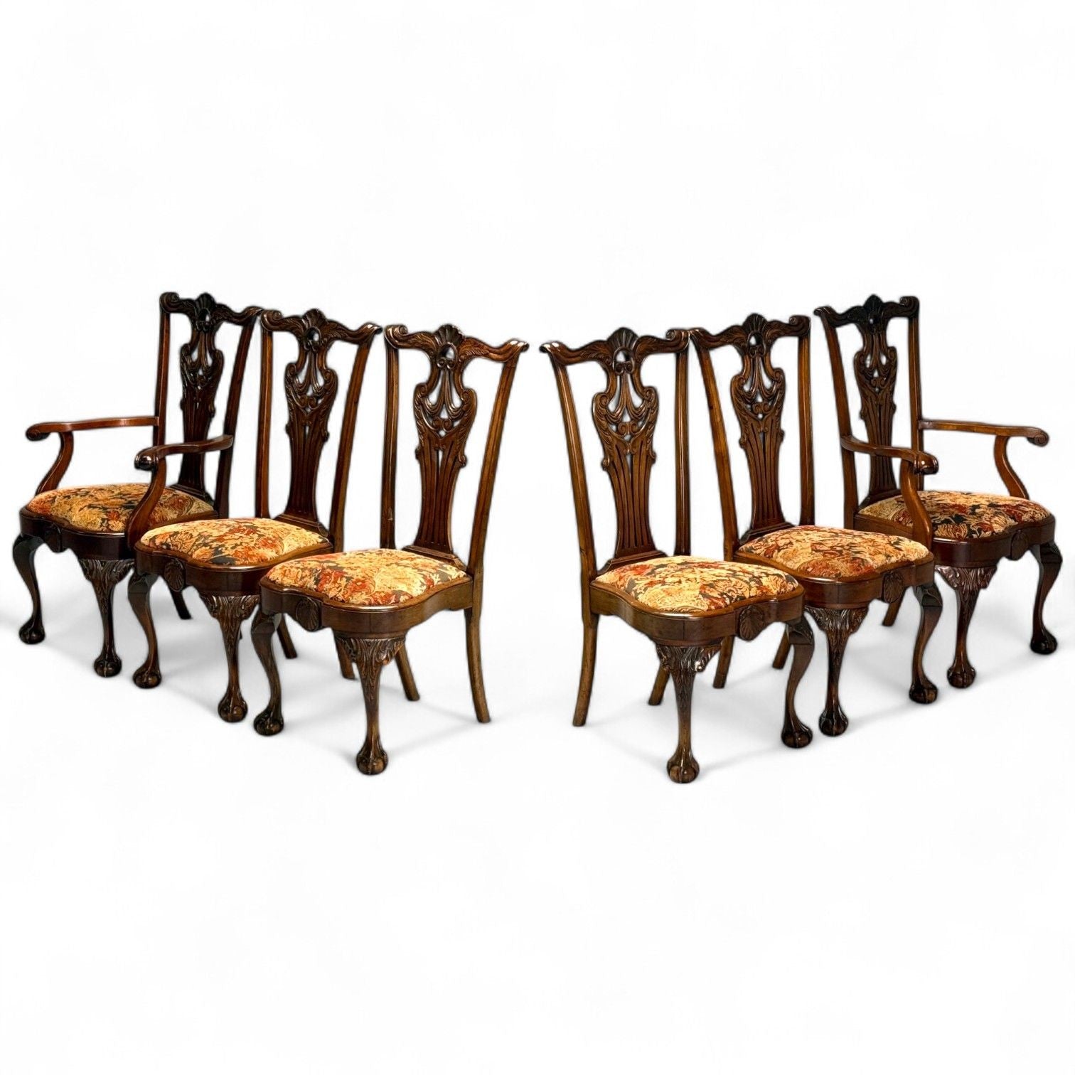 Georgian, Mahogany, Fabric, Six Chippendale Dining Chairs, England, 1960s