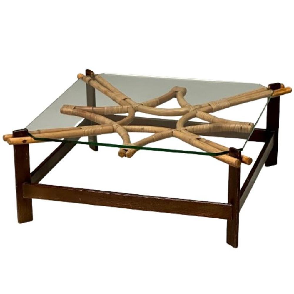ISA, Italian Mid-Century Modern, Square Coffee Table, Wood, Bamboo, Cane, 1980s