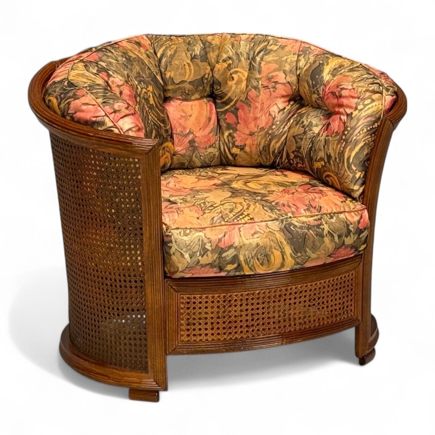 Traditional, Cane, Walnut, Barrel Back Armchair, USA, 1980s