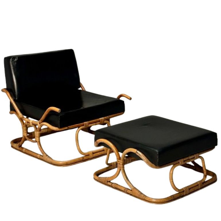 ISA Ponte San Pietro, Italian Mid-Century Modern, Armchair, Ottoman, Rattan