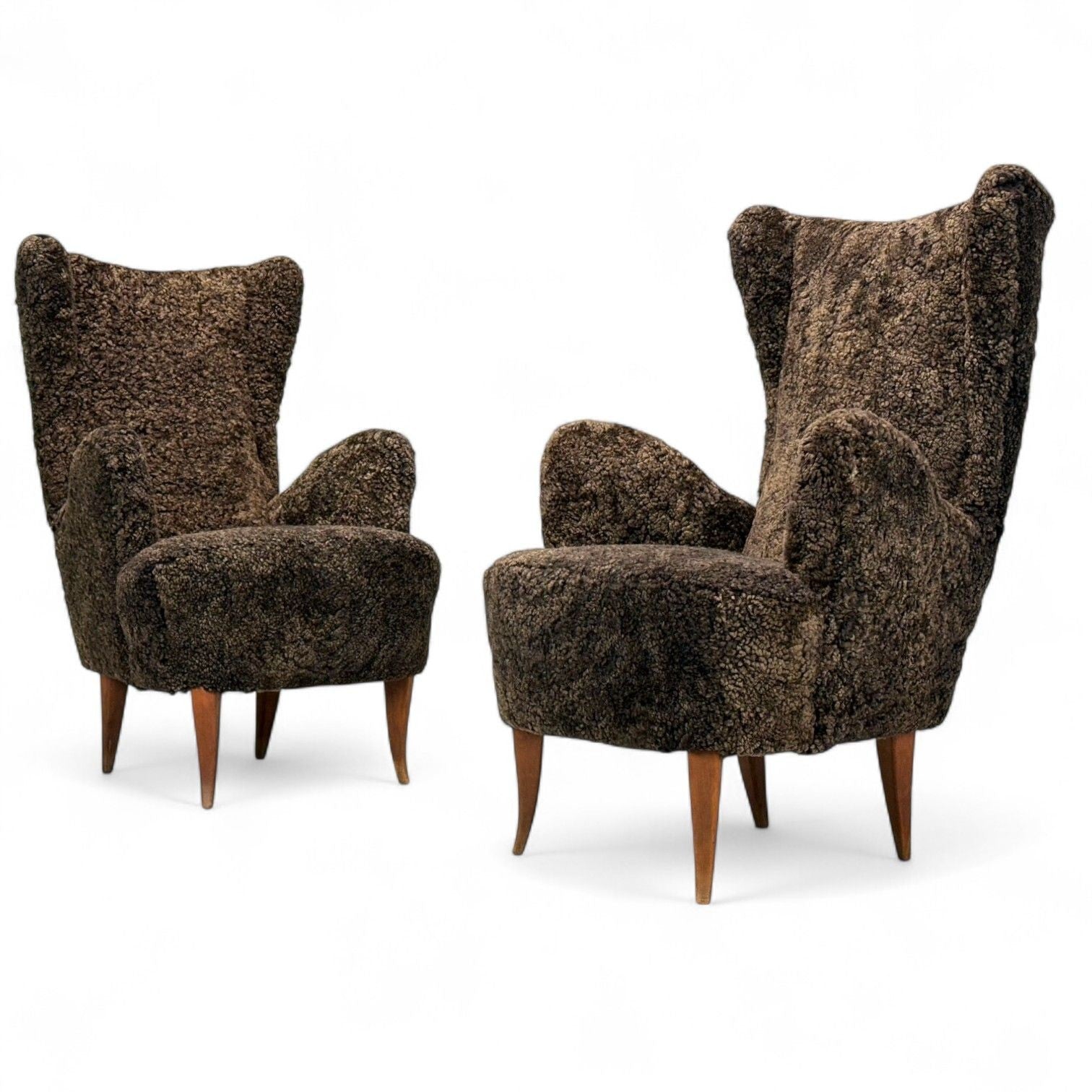 Italian Modern, Espresso Shearling, Walnut, Organic Lounge Chairs, Italy, 1950s