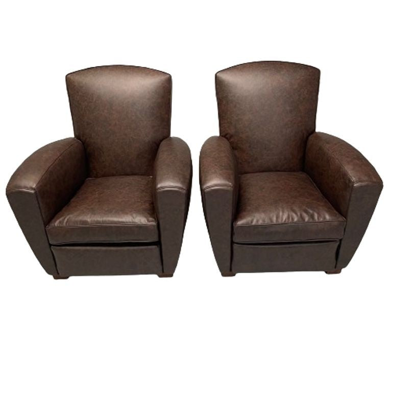 Jacques Adnet Style, French Art Deco Club Chairs, Distressed Leather, Oak, 1930s