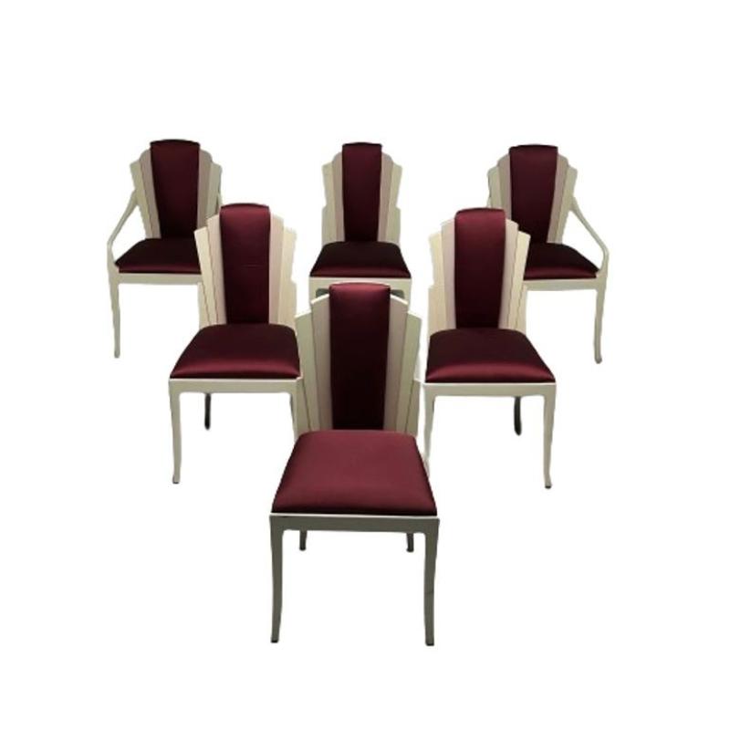 Vladimir Kagan Mid-Century Modern, Six Eva Dining Chairs, Lacquer, Maroon Fabric