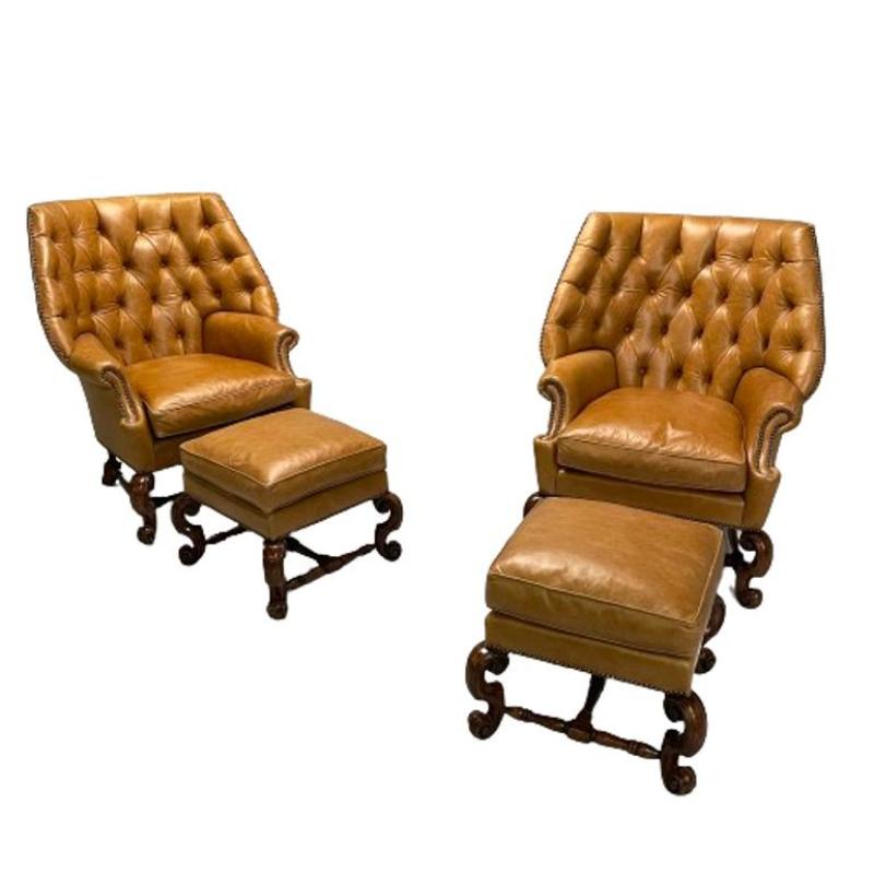 Georgian, Large Tufted Lounge Chairs and Ottomans, Tan Leather, USA, 2000s