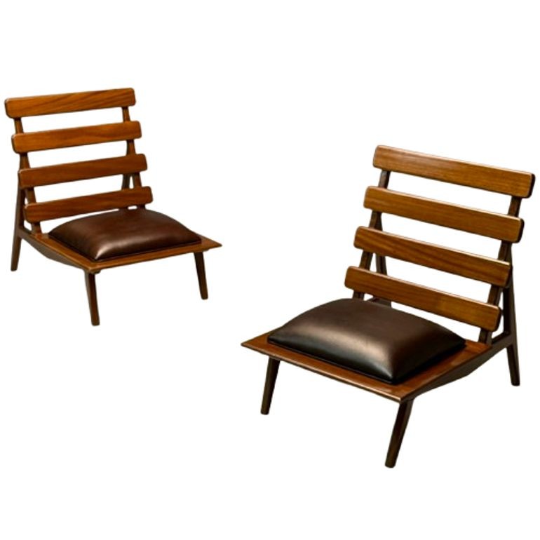 Brazilian Mid-Century Modern, Sculptural Lounge Chairs, Mahogany, Leather
