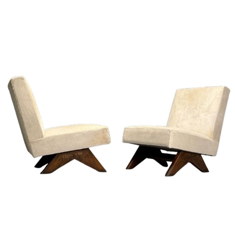 Pierre Jeanneret, White Cowhide, Teak, Fireside Chairs, India c. 1960s