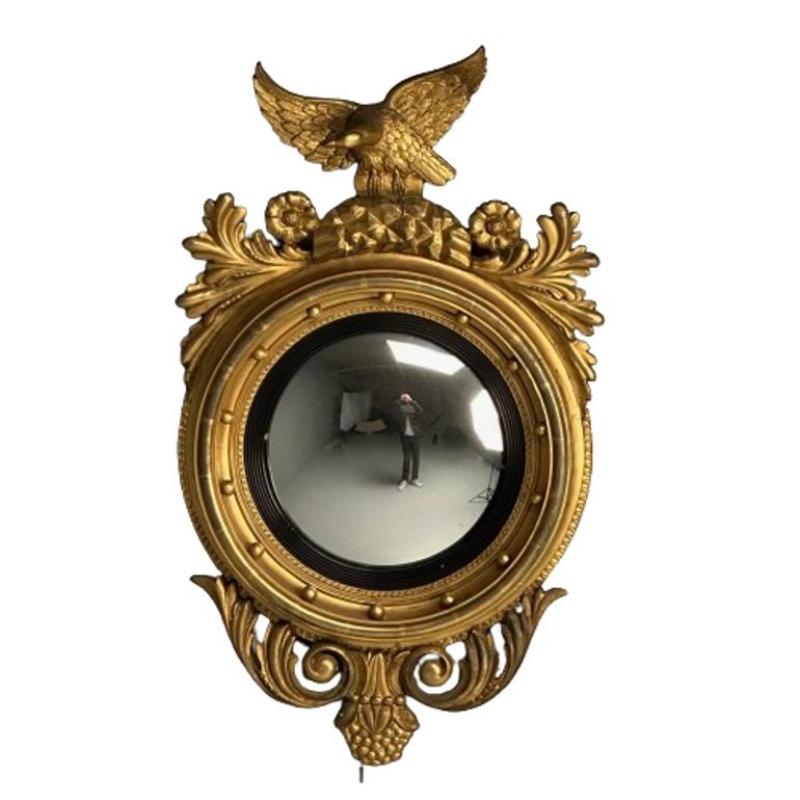 Regency, Circular Convex Wall Mirror, Giltwood, Eagle Motif, USA, 1950s