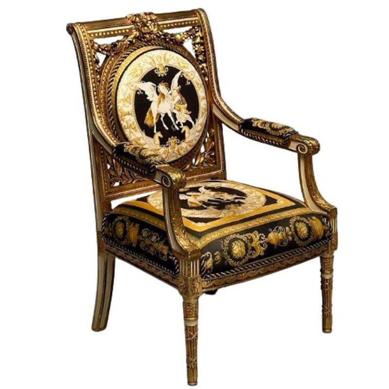 Louis XVI, French Arm Chair, Versace Fabric, Giltwood, France, 1960s