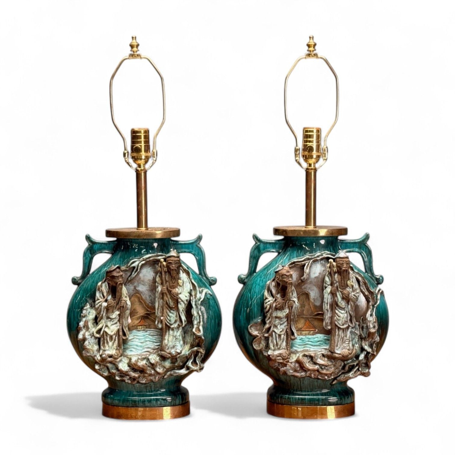 Marcello Fantoni, Green Ceramic, Chinese Table Lamps, Italy, 1940s
