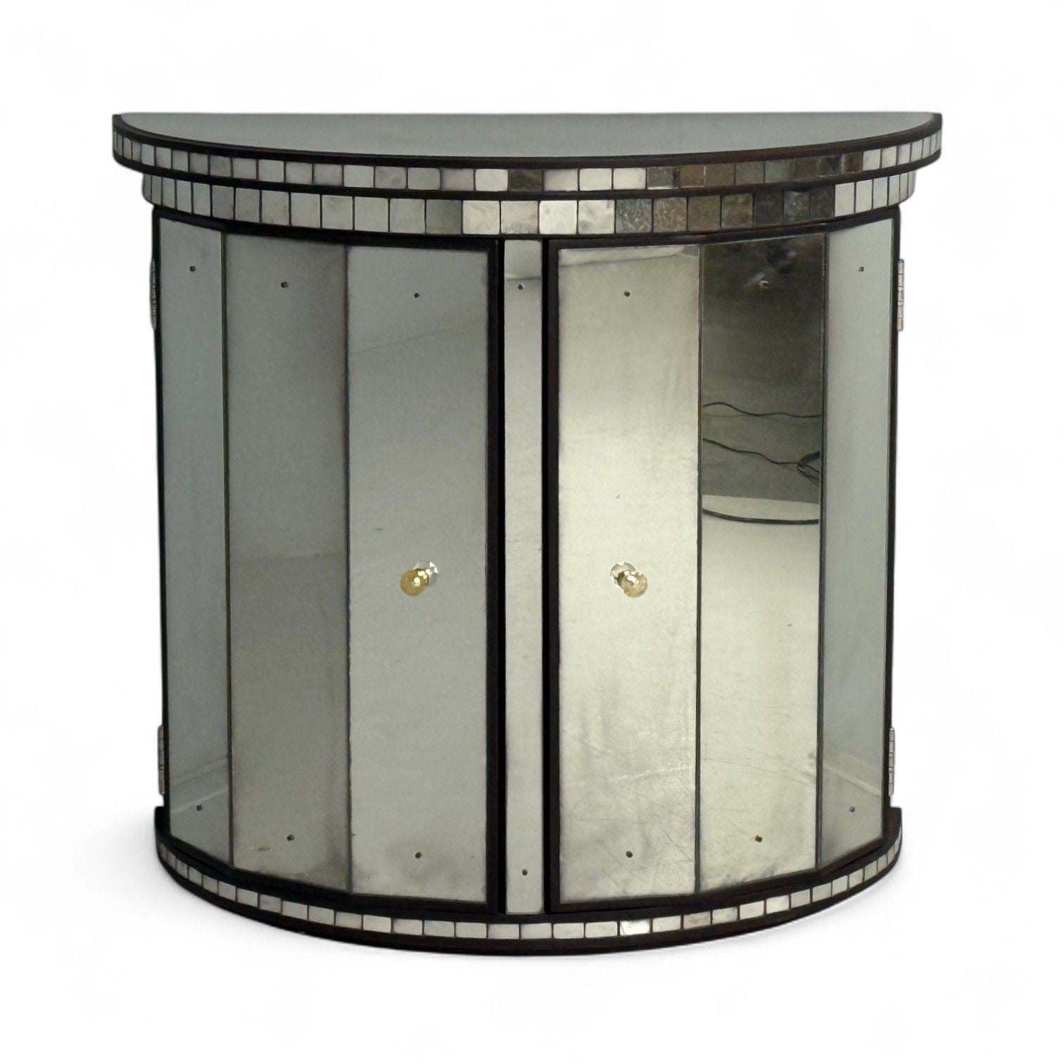 Hollywood Regency Style, Distressed Glass, Mirrored Demilune Cabinet