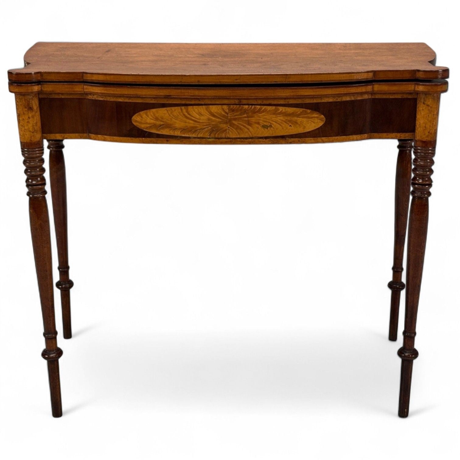 American Sheraton, Mahogany, Tulipwood, Serpentine Inlaid Card Table, USA, 1810
