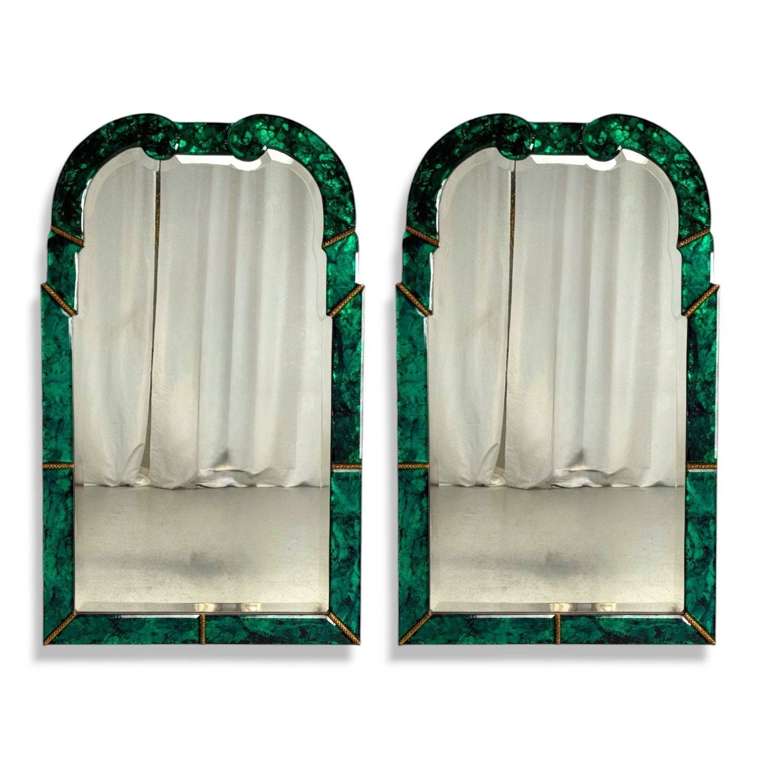 Art Deco Style, Green Antiqued Beveled Glass, Venetian Wall Mirrors