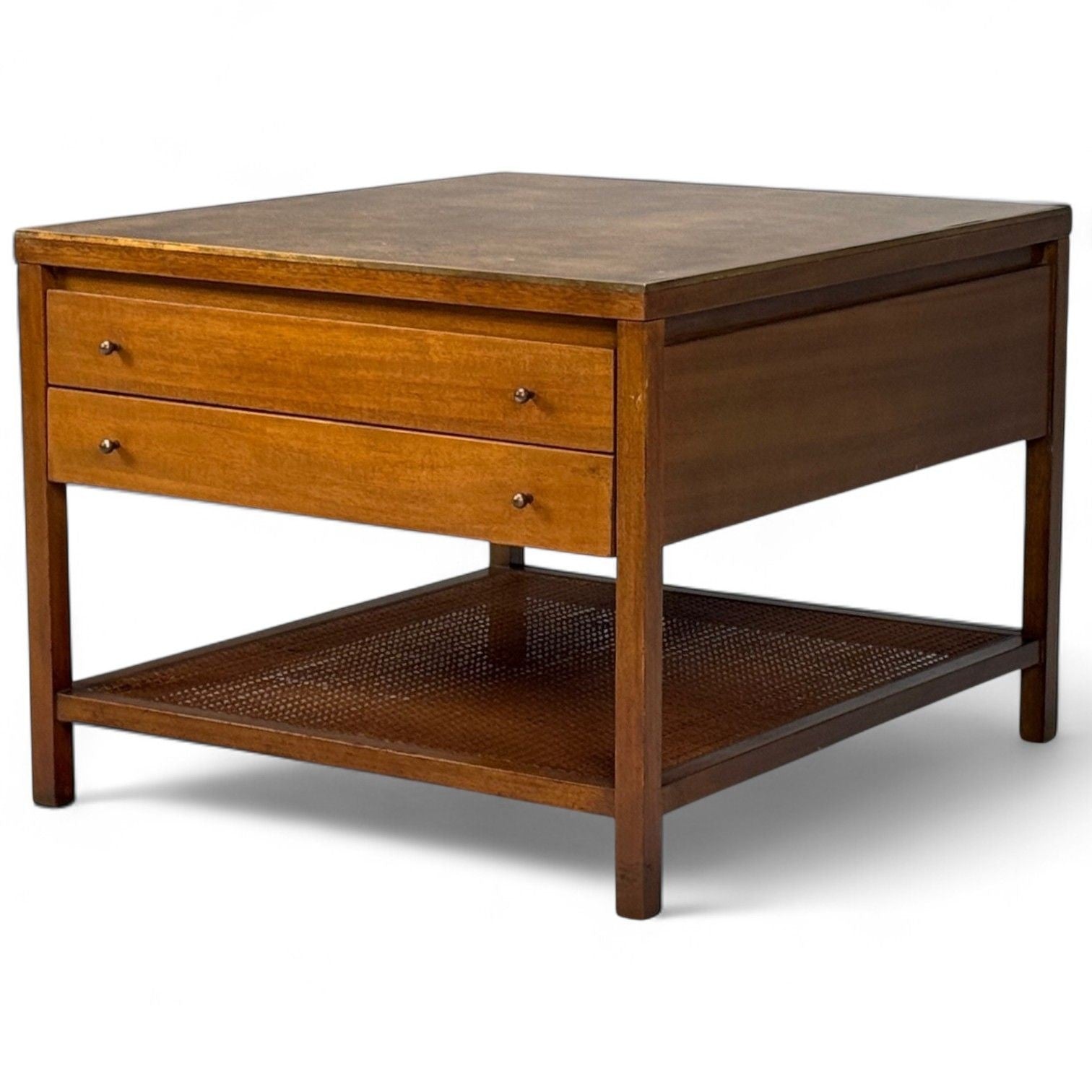 Paul McCobb, Leather, Cane, Brass, Side Table, USA, 1950s