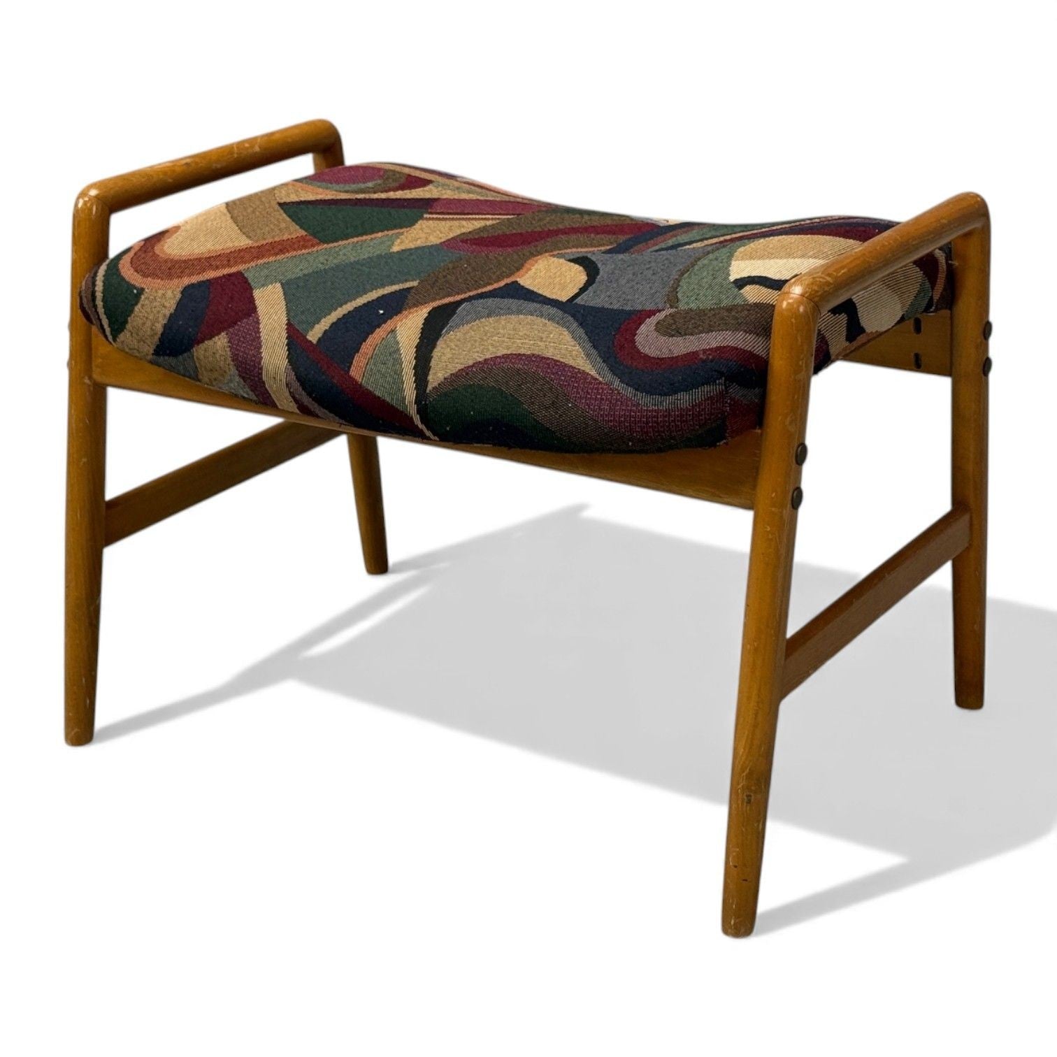 Danish Modern, Aztec Fabric, Light Stained Wood, Footstool, Denmark, 1950s