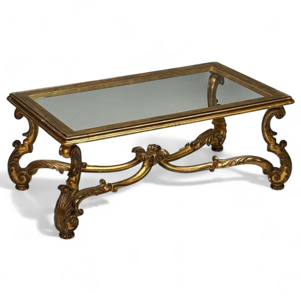 Hollywood Regency, Coffee Table, Gilt Wood, Gold Leaf, Glass, Italy, 1