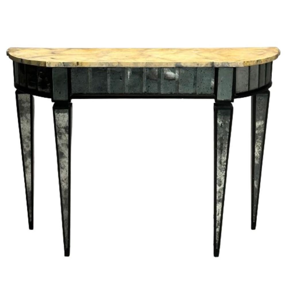 Maison Jansen Style, Directoire, Demilune Console Table, Distressed Mirror