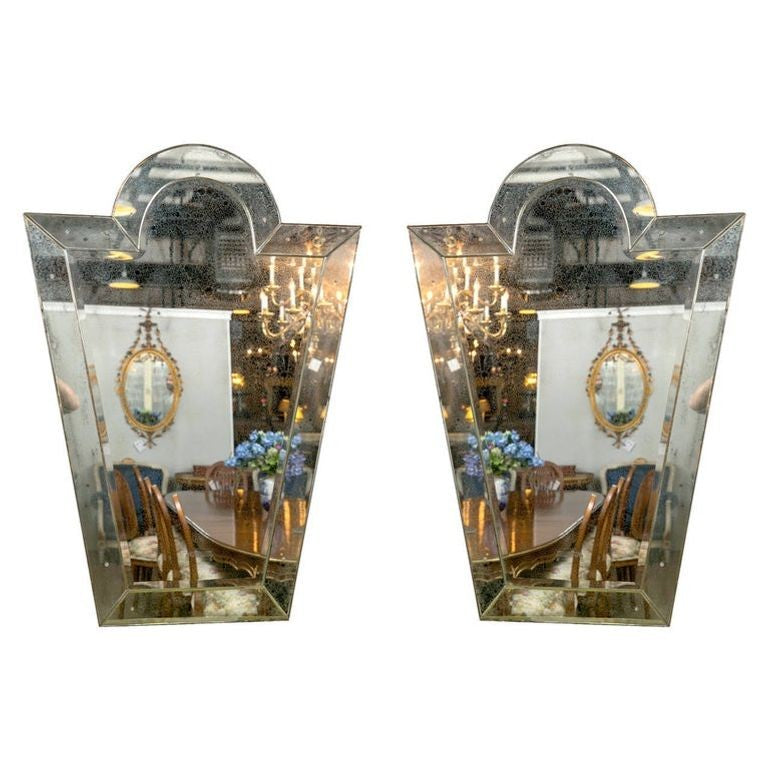 Pair of Venetian 'Key Hole' Shaped Beveled Glass Mirrors Hollywood Regency Style