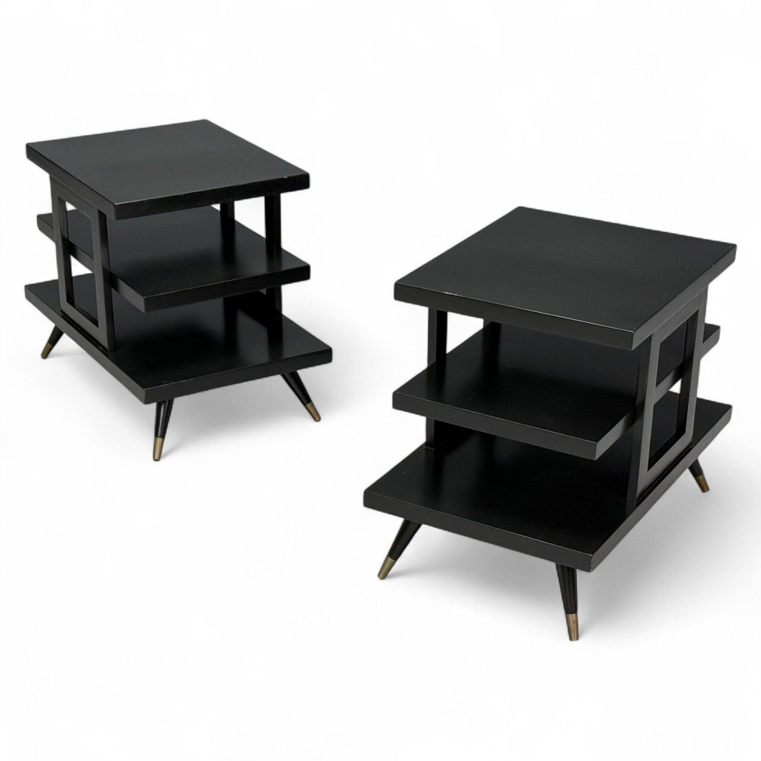 Ico Parisi Style, Ebonized Wood, Brass, Sculptural Side Tables, Europe, 1950s