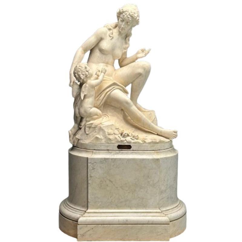 Jean-Marie Boucher, Venus and Cupid Marble Statue, White Marble, Romantic, 1910