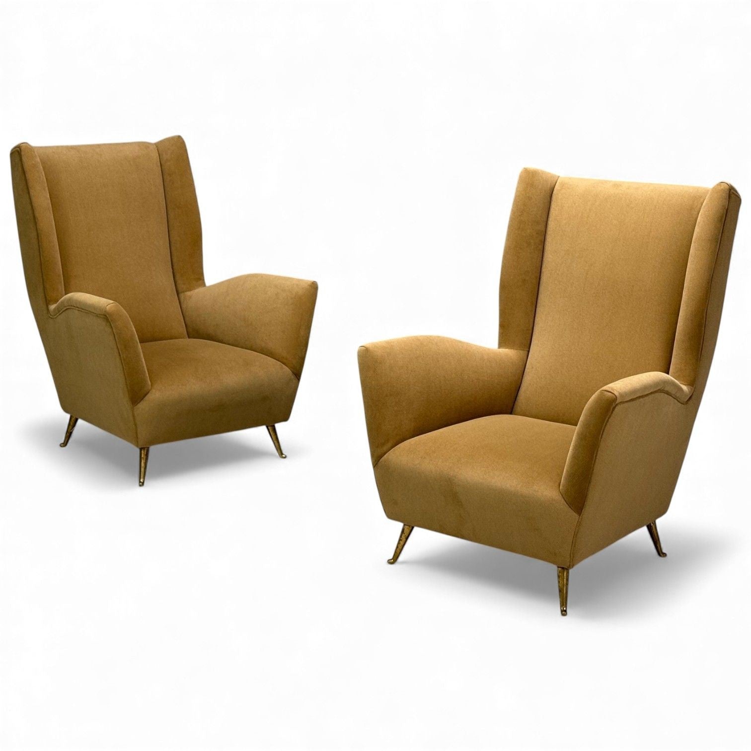 ISA Bergamo, Camel Velvet, Bronze, Wingback Chairs, Italy, 1950s