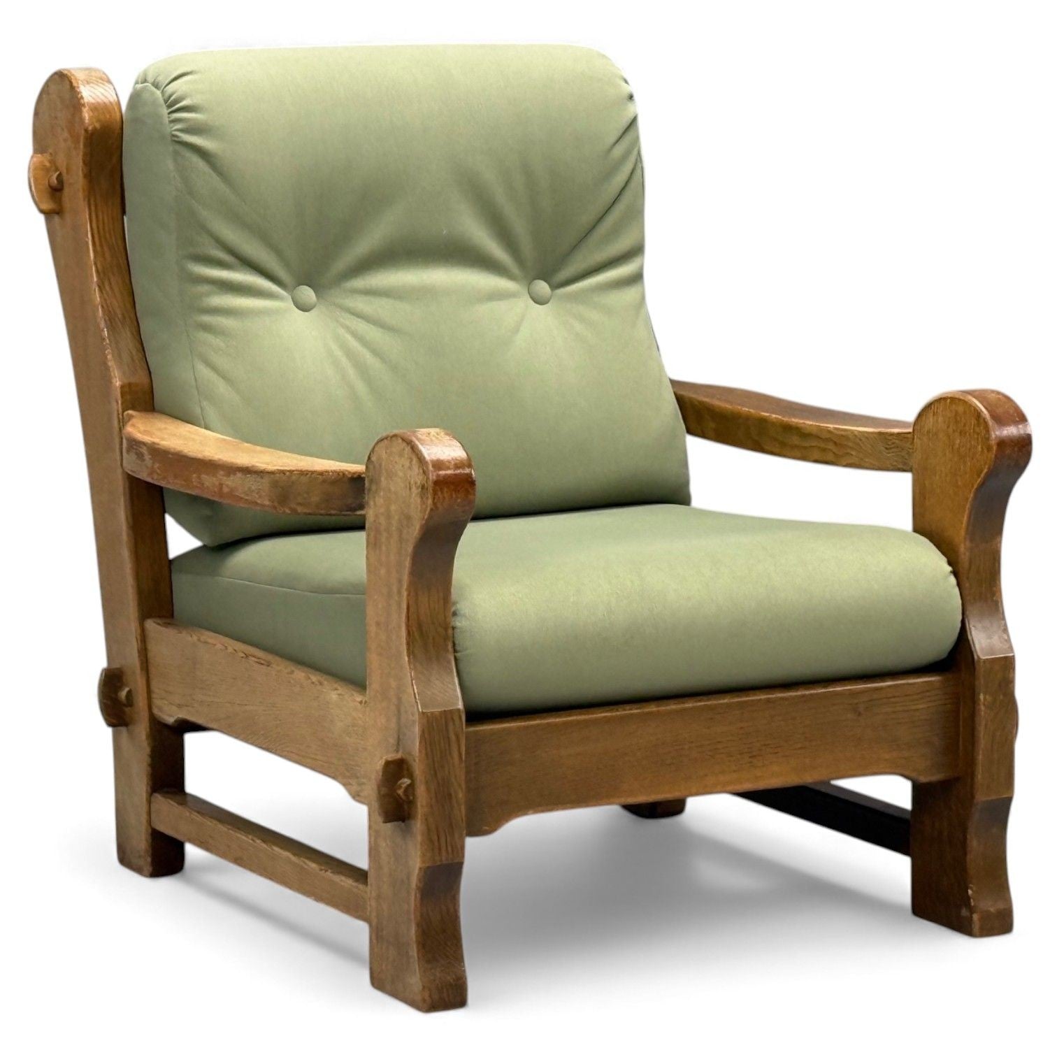 Danish Modern, Oak, Green Nubuck, Brutalist Lounge Chair, Denmark, 1960s