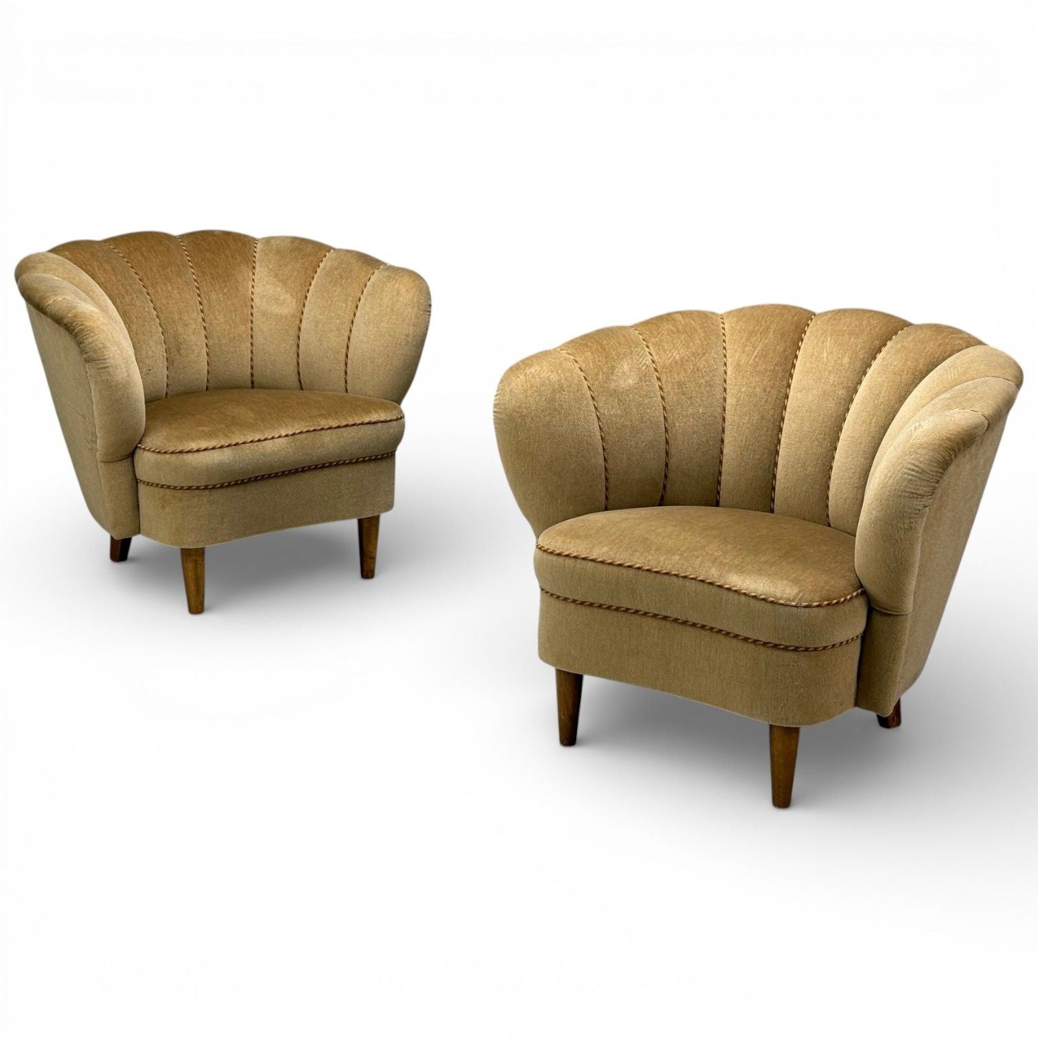 Finnish Modern, Lounge Chairs, Beige Velvet, Wood, Finland, 1950s