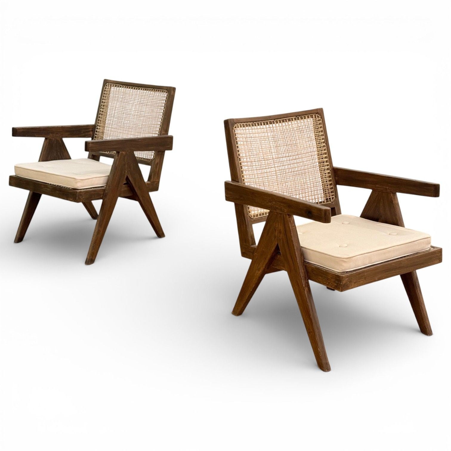 Pierre Jeanneret, Teak, Cane, Low Easy Chairs, Chandigarh, India c. 1960s