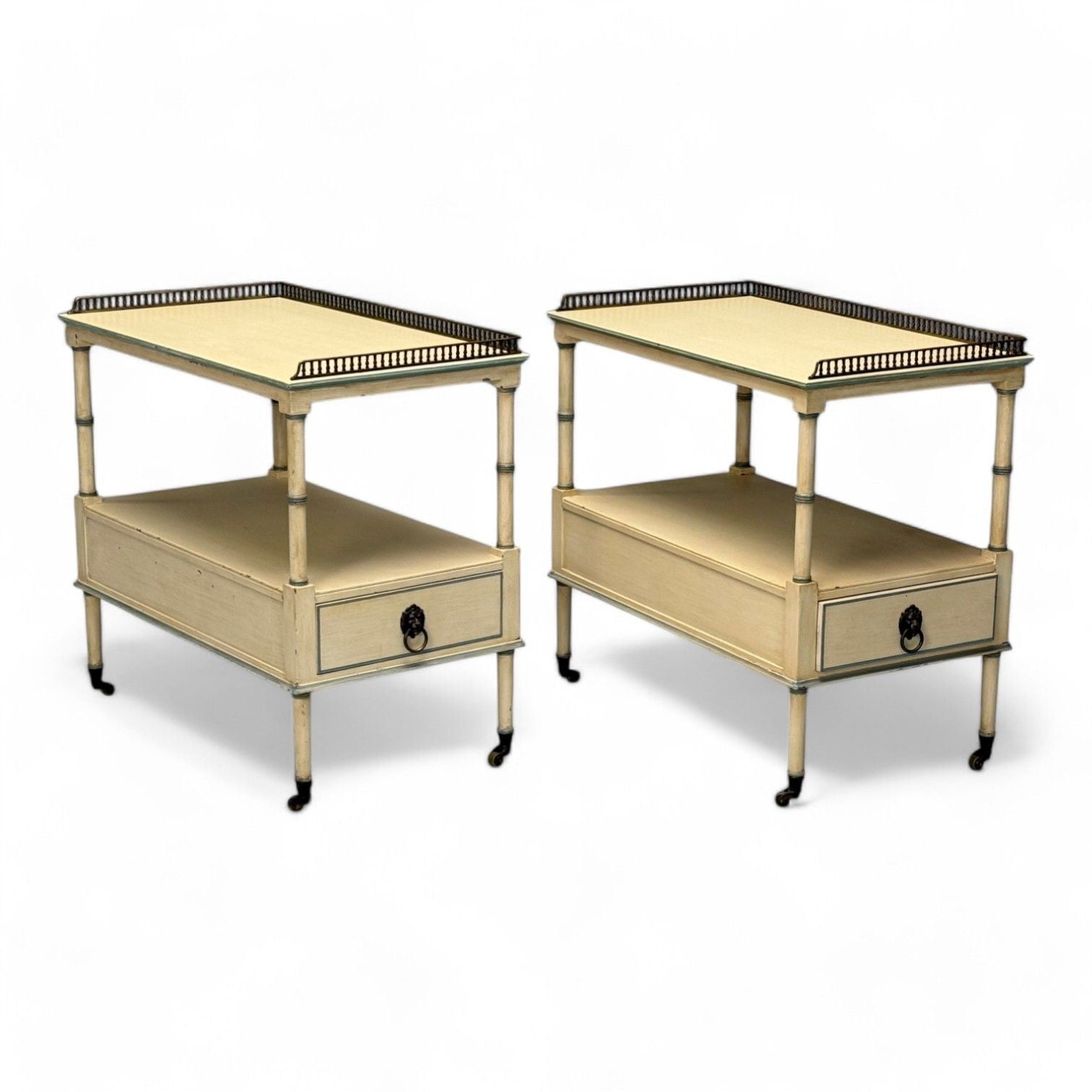 Kittinger, Hollywood Regency Style, Side Tables, Faux Bamboo Painted Wood, Brass