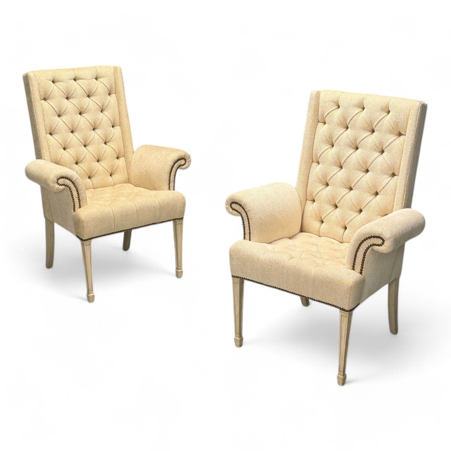 Grosfeld House, Hollywood Regency, Rolled Arm Chairs, Painted Wood, Tweed Linen