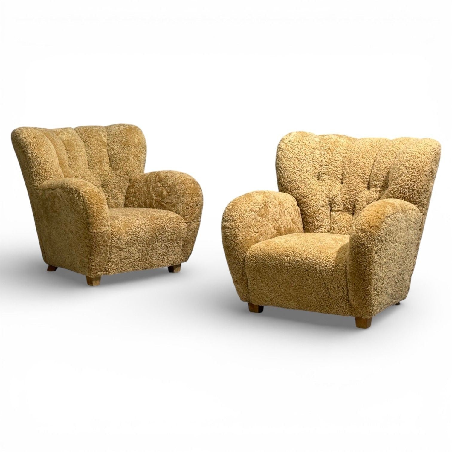 Finnish Modern, Organic Lounge Chairs, Shearling, Wood, Finland, 1940s