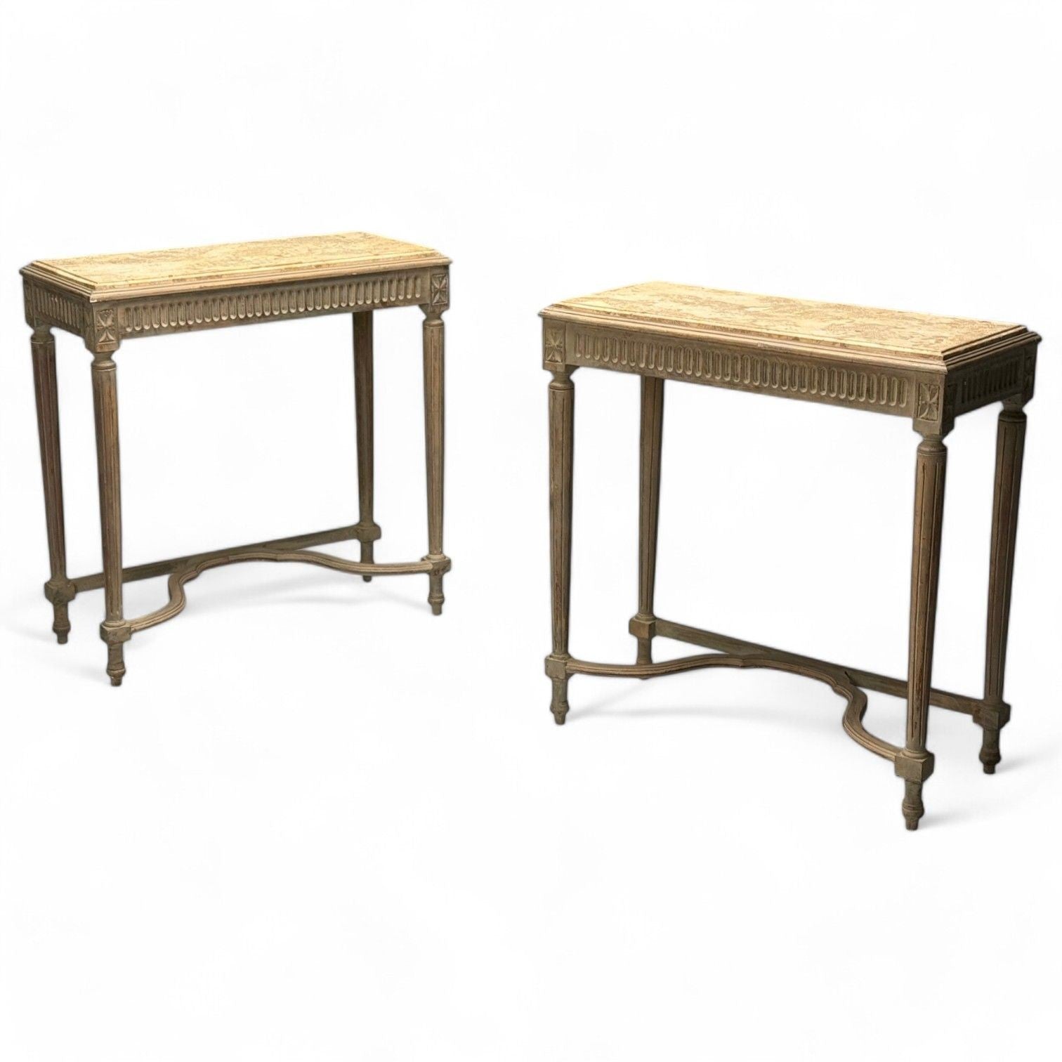 Gustavian, Louis XVI Style, Console Tables, Distressed Grey Wood, Marble, France