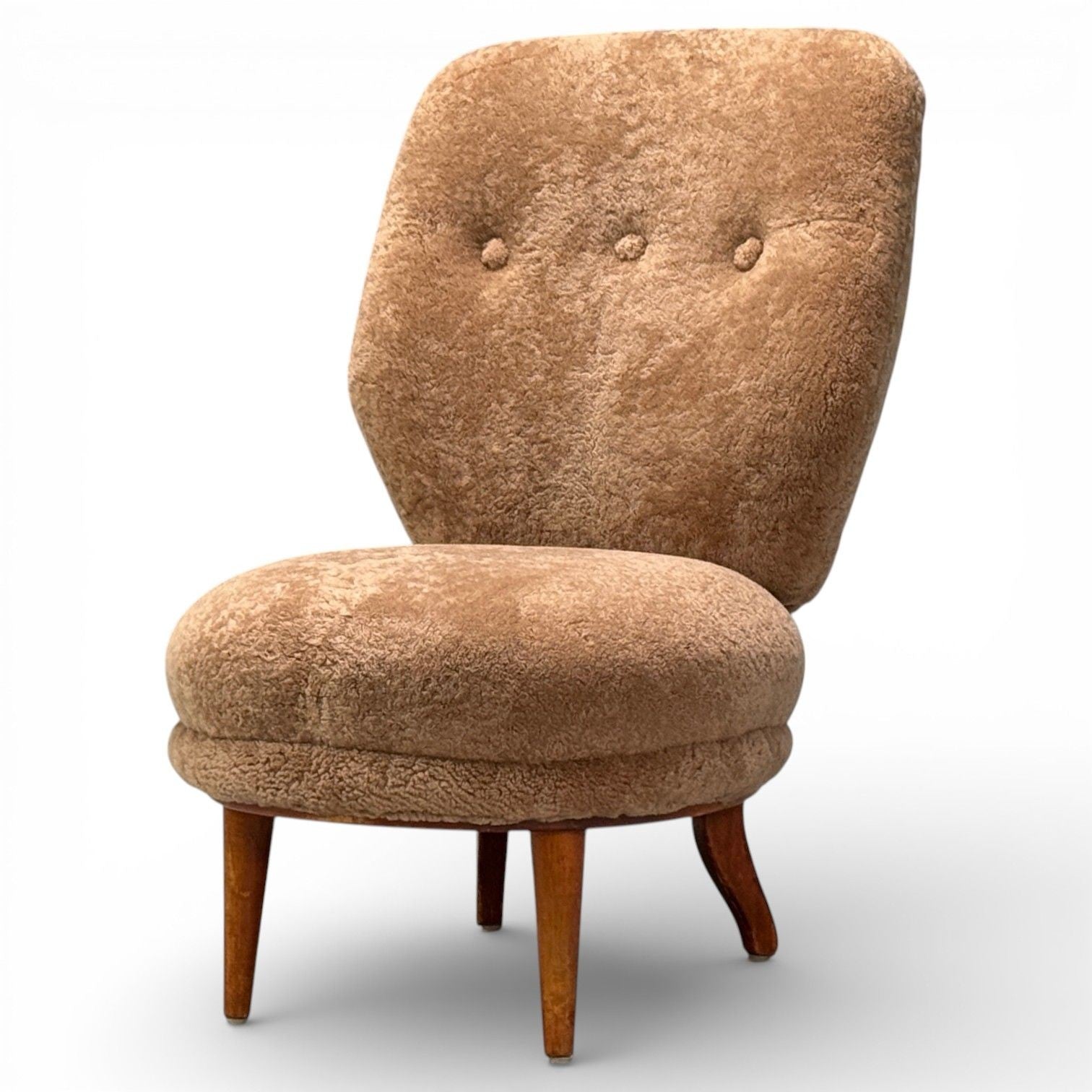 Swedish Modern, Slipper Chair, Brown Sheepskin, Birch, Sweden, 1950s