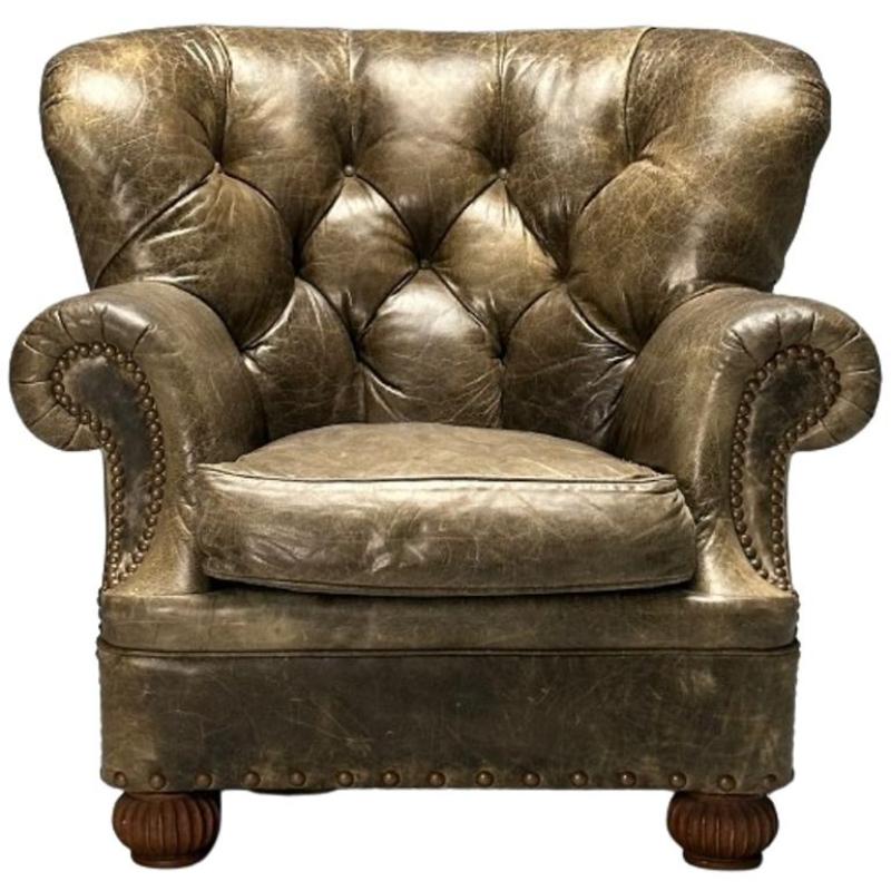 Georgian, Chesterfield, Oversized Lounge Chair, Tufted Green Leather