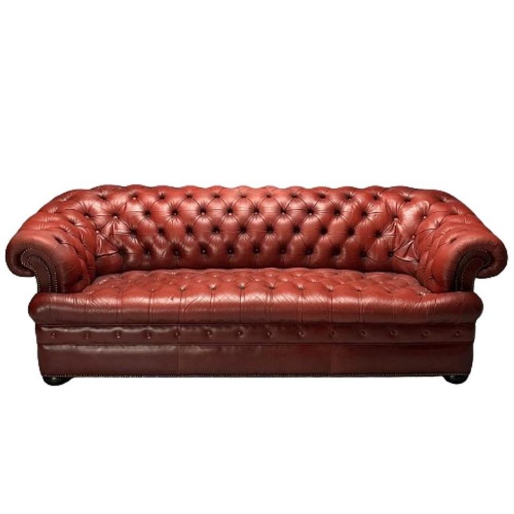 Georgian, Chesterfield Sofa, Tufted, Red Distressed Leather, Bun Feet, 2000s