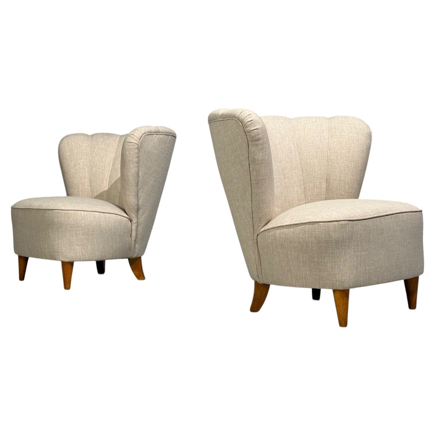 Carl-Johan Boman, Easy Chairs, Beige Linen, Wood, Finland, 1950s